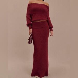 Meshki SET Off-Shoulder Knit Sweater + Maxi Skirt with overlay | L in Merlot